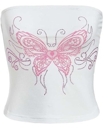 SOLY HUX Women's Rhinestone Butterfly Print Y2K Crop Tops Sleeveless Strapless Summer Bandeau Tube Top White Butterfly S at Amazon Women’s Clothing store