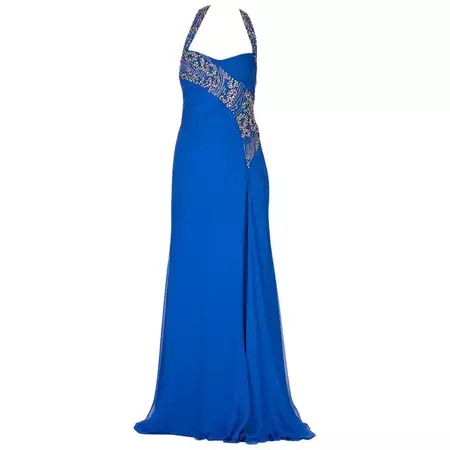 F/W 2009 NEW VERSACE BLUE SILK EMBROIDERED HALTER Gown 42 - 6 For Sale at 1stDibs | royal blue silk gown, versace blue dress, blue versace dress