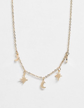 ASOS DESIGN fine chain choker necklace with moon and star pendants in gold tone | ASOS
