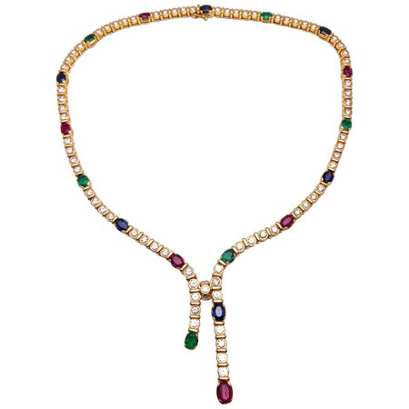 18KT Gold, 4.97ct. Diamond and Oval Sapphire, Ruby, Emerald Lariat Style Necklace For Sale at 1stdibs