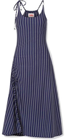 Bead-embellished Ruched Striped Stretch-jersey Midi Dress - Navy