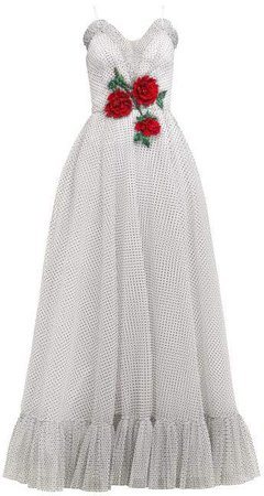 Sequinned Rose Appliqued Polka Dot Mesh Gown - Womens - White Multi
