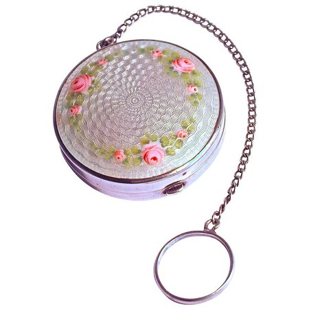 GUILLOCHE PATCH BOX/COMPACT - Garland of Pink Roses on Sterling : DejaVu a Deux | Ruby Lane