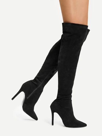 Black Suede Knee High Pointed Stilettos Heels Boots