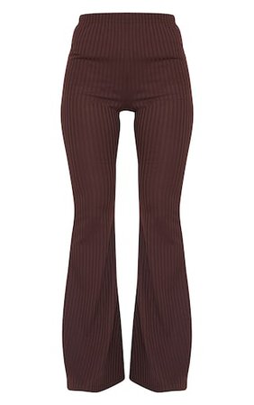 Chocolate Ribbed Flared Trouser | Trousers | PrettyLittleThing