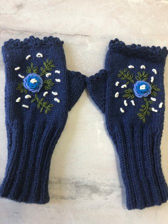 Ligth Blue Roses on Blue Knitted Fingerless Gloves Blue Green | Etsy