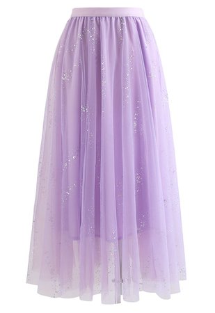 Shimmery Sequin Mix-Color Mesh Maxi Skirt in Lilac - Retro, Indie and Unique Fashion