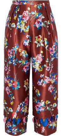 Cropped Embellished Floral-print Silk-satin Twill Straight-leg Pants