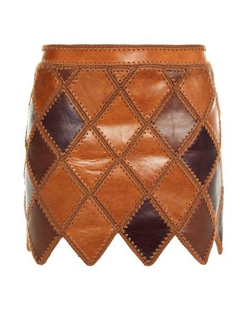 Saint Laurent, Brown Patchwork-effect Leather Mini Skirt Tan