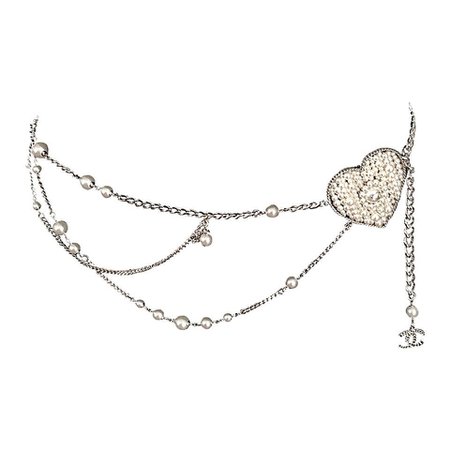 Chanel Important Silver Tone Chain and Pearl Heart Sautoir Belt