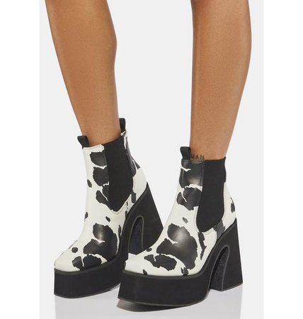 Koi Footwear Cow Print Heeled Platform Ankle Boots | Dolls Kill