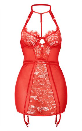 Red Lace Choker Suspender Strap Slip Dress | PrettyLittleThing USA