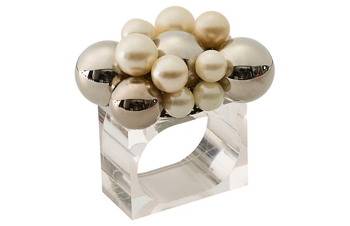 Kim Seybert - S/4 Bauble Napkin Rings, Pearl/Silver | One Kings Lane