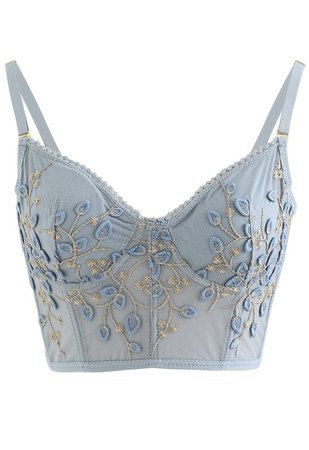 Branch Embroidered Mesh Bra Top in Dusty Blue - Retro, Indie and Unique Fashion