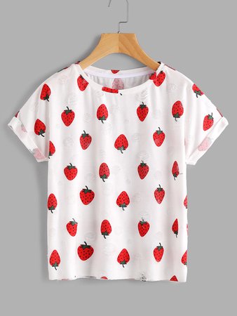 Allover Strawberry Print Frayed Dot Tee
