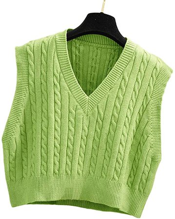 Lailezou Women's V-Neck Knit Sweater Vest Solid Color Argyle Plaid Preppy Style Sleeveless Crop Knit Vest Green at Amazon Women’s Clothing store