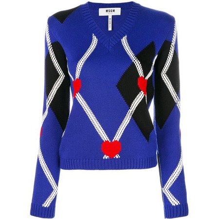 msgm blue argyle heart fitted sweater
