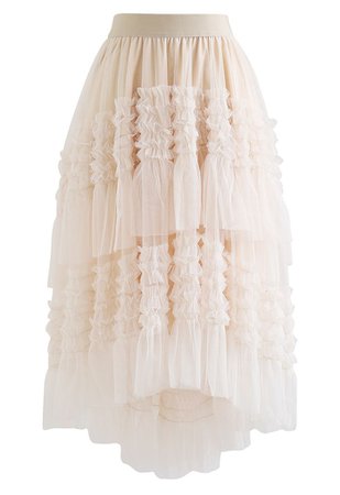 Ruffle Tiered Hi-Lo Mesh Tulle Skirt in Cream - Retro, Indie and Unique Fashion