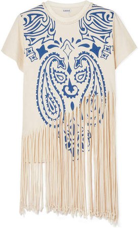 Fringed Printed Cotton And Silk-blend Jersey T-shirt - Ivory