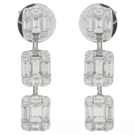 18 Karat White Gold Round and Baguette Mosaic Set Diamond Station Drop Earrings For Sale at 1stDibs