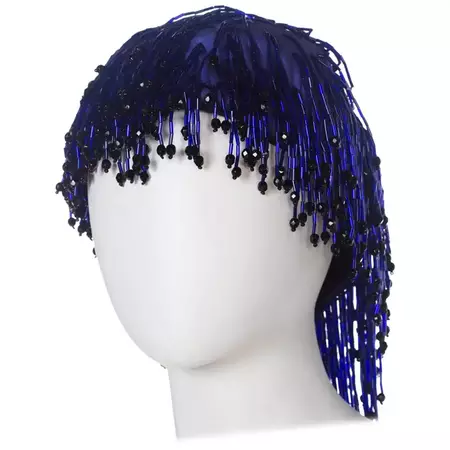 1970S Cobalt Blue Beaded Fringe Silk Cloché By Tony Chase Hat For Sale at 1stDibs