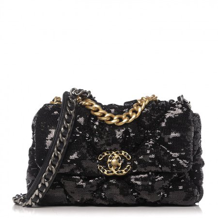CHANEL Sequin Quilted Medium Chanel 19 Flap Black 627133