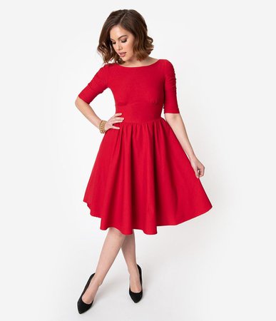 Stop Staring! 1950s Style Red Stretch Sleeved October Swing Dress – Unique Vintage