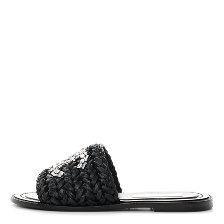 CHANEL Raffia Crystal CC Mules Sandals 39 Black $1,990