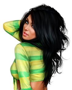 Model Black Hair Yellow Green Striped Top