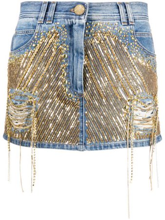Balmain Sequinned Denim Skirt TF14016D012 Blue | Farfetch