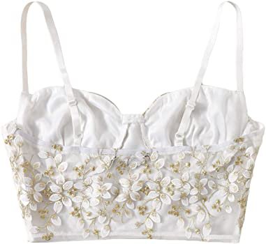 SheIn Women's Appliques Floral Sleeveless Crop Cami Top Strappy Bralette White X-Small at Amazon Women’s Clothing store