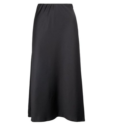 Petite Black Satin Bias Cut Midi Skirt | New Look