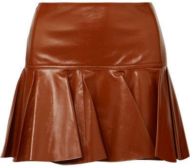 Pleated Glossed-leather Mini Skirt - Brown