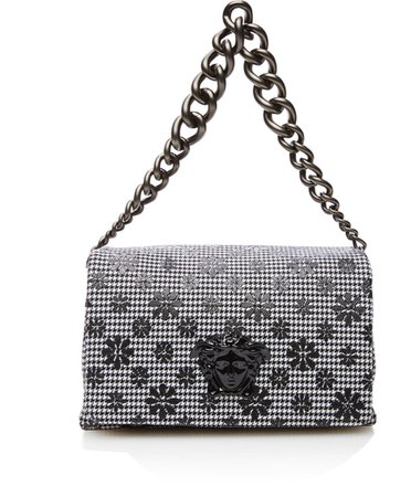 VERSACE Black Daisy Tweed Chain Strap Handbag