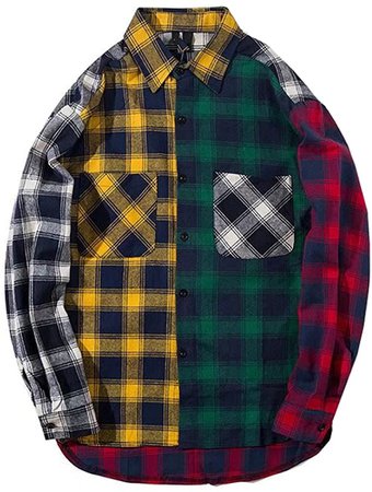LifeHe Men Women Plaid Shirts Colour Block Long Sleeve Button Up Jackets Oversized (Colourful, M) at Amazon Men’s Clothing store