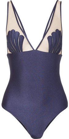 Adriana Degreas - Marine Stretch-satin And Tulle Swimsuit - Navy