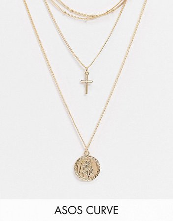 ASOS DESIGN Curve multirow necklace with dot dash chain choker and coin in gold tone | ASOS