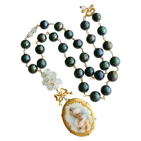 Baroque Pearls, Aquamarine and Hand Painted Porcelain Pendant Necklace For Sale at 1stDibs