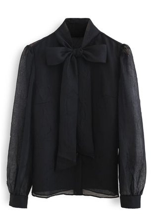 Sheer Bowknot Button Down Shirt in Black - Retro, Indie and Unique Fashion