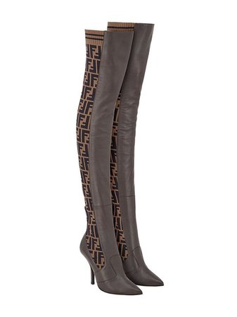 Fendi Brown Rockoko Ff Logo Stretch Knit Sock Thigh High Otk Heel Pump Boots/Booties Size EU 35.5 (Approx. US 5.5) Regular (M, B) - Tradesy