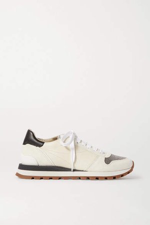 Bead-embellished Nylon, Suede And Leather Sneakers - Off-white