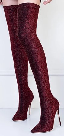 sparkly red thigh high boot
