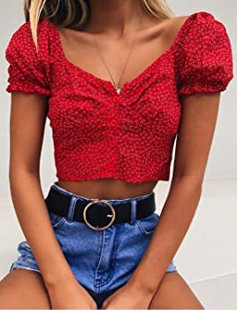 Women's Ruffle Short Sleeve Smocked Top Cherry Button Up Boho Cami Crop Blouse (Red-Floral, Medium) at Amazon Women’s Clothing store