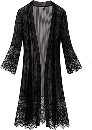 Tanming Flare Sleeves Open Front Lace Splicing Long Kimono Cardigan Cover Ups at Amazon Women’s Clothing store