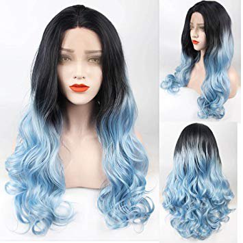 ZeroBlizzard Ombre Light Blue 2 Tones Synthetic Lace Front Wig Black Roots Long Wave Blue Wig Replacement Hair Wigs For Women Heat Resistant Fiber Hair Half Hand Tied(20",Blue)