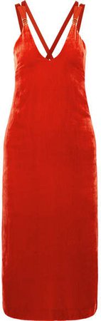 Grosgrain-trimmed Velvet Midi Dress - Red