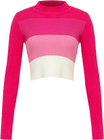 Aiscan Women's Mock Neck Color Block Long Sleeve Slim Fit Cropped Ribbed Knit Cute Sweater (Large, Multicolor) at Amazon Women’s Clothing store