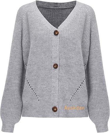 Asskdan Women's V Neckline Button Down Knitwear Lantern Sleeve Basic Knit Cardigan Sweater Tops at Amazon Women’s Clothing store