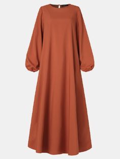 Casual Solid Color O-neck Lantern Sleeve Plus Size Dress for Women