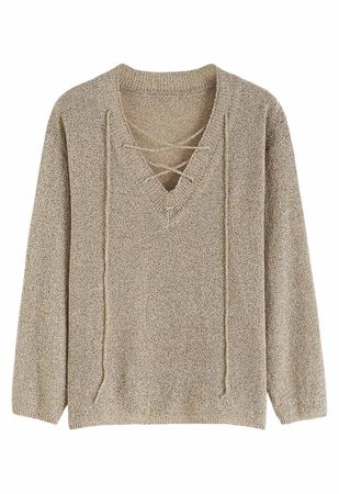 Slouchy V-Neck Lace-Up Knit Sweater in Light Tan - Retro, Indie and Unique Fashion